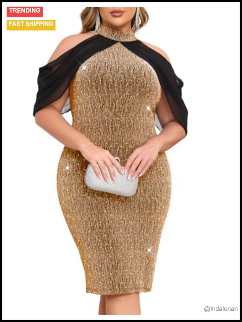 Plus Size Sparkly Bodycon Dress Halter Neck Cape Sleeves Cocktail Formal Party